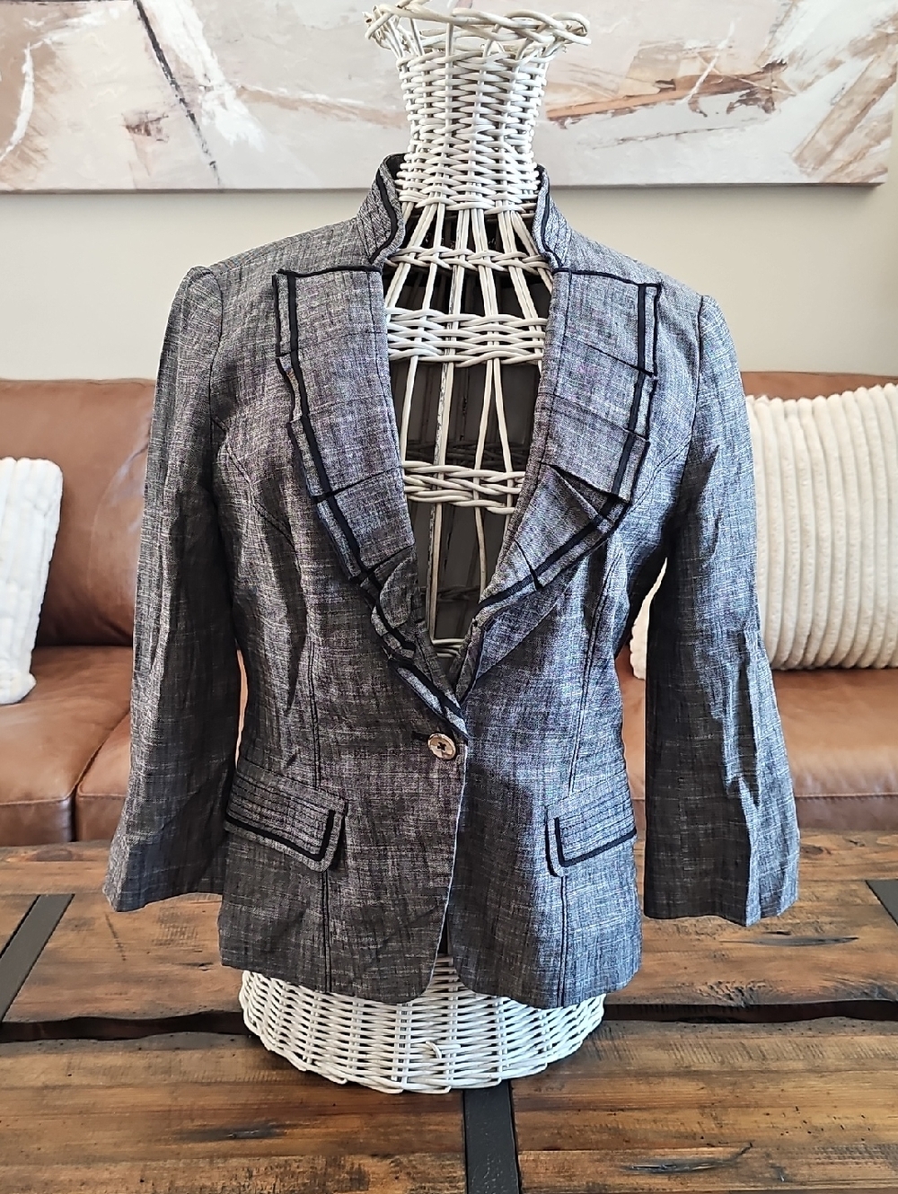 White House Black Market Gray Ruffle-Trim Blazer Jacket
